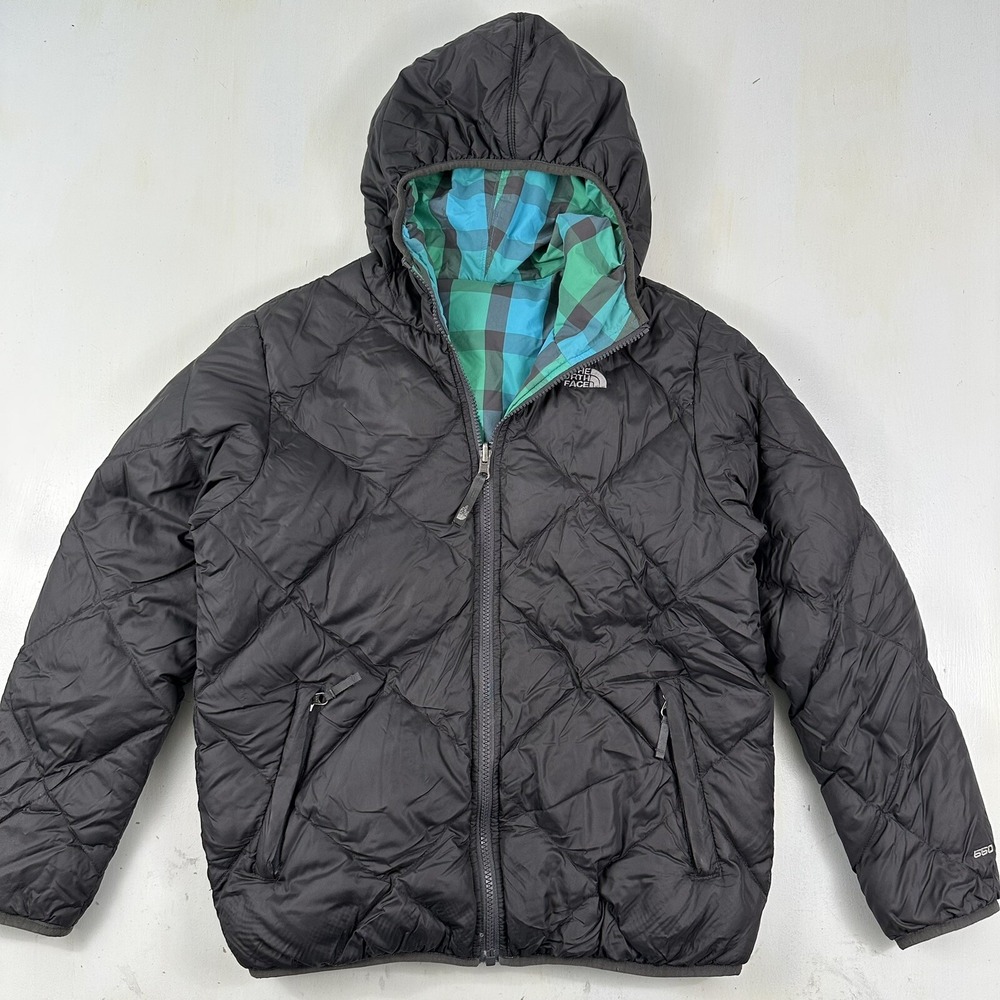 THE NORTH FACE 550 Girls XL Reversible Down Puffer Hooded Jacket Black Plaid